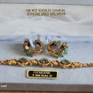 Vintage 1990s QVC 18k Gold Over Sterling Silver and Emerald Bracelet /Earrings